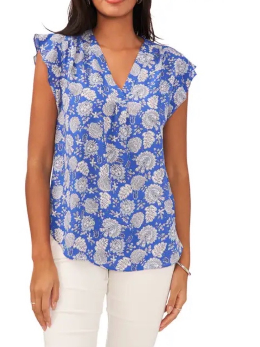 Chaus Blue Floral V-Neck Flutter Sleeve Blouse in Deep Azure Blue